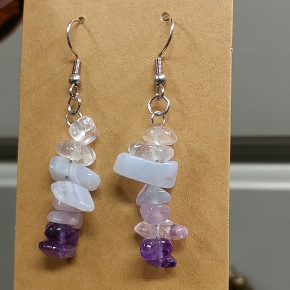 Amethyst Quartz Crystal Blue Lace Agate Earrings Natural Gemstone Chip Beaded - Picture 8 of 10